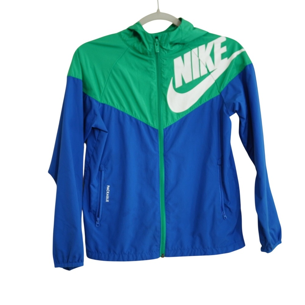 Nike Kids Size Medium Packable Windbreaker Jacket Green Blue‎ Full Zip Hooded